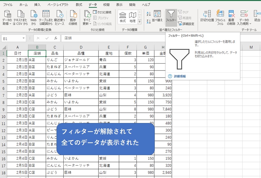 フィルターが解除された