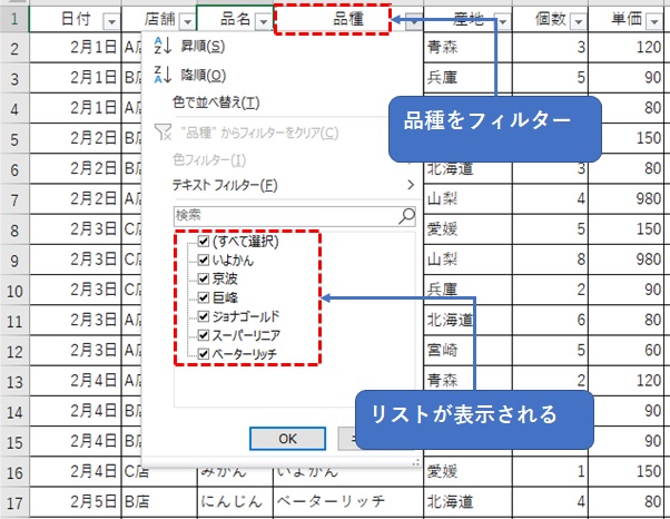 テキストでのフィルターでリスト表示