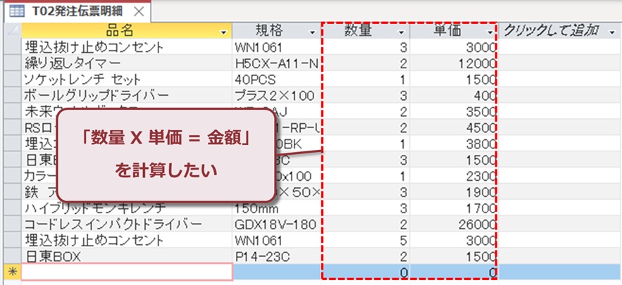 数量x単価=金額 を計算したい