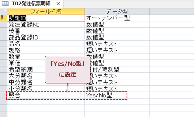 テーブル設定で「Yes/No型」に設定する