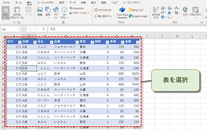 表を選択