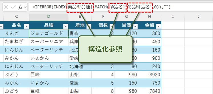 数式内の構造化参照