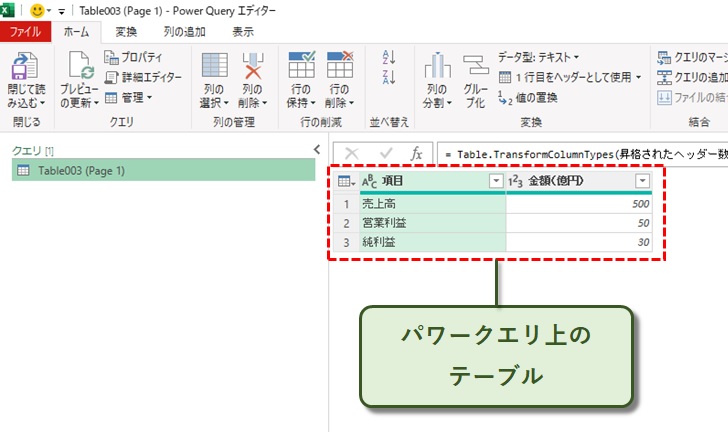 パワークエリ上のテーブル