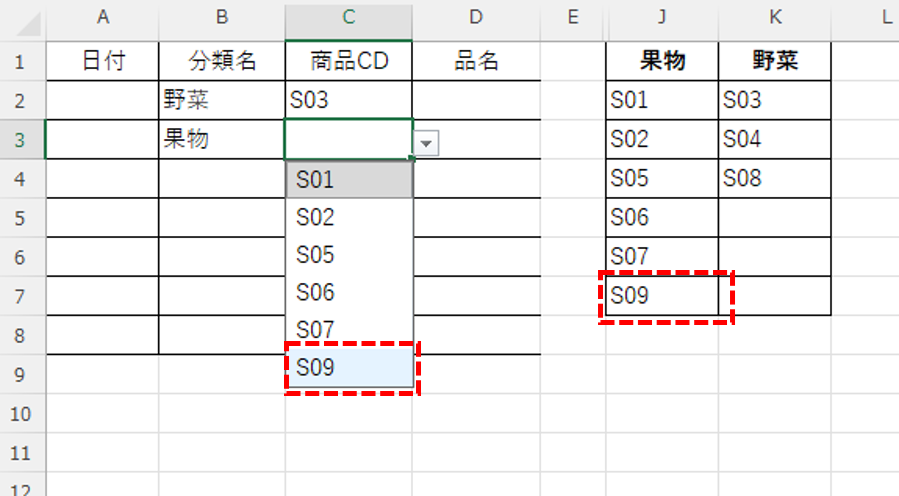 Excelで果物の商品コードS09を追加し、商品CDのプルダウン候補にもS09が表示された画面
