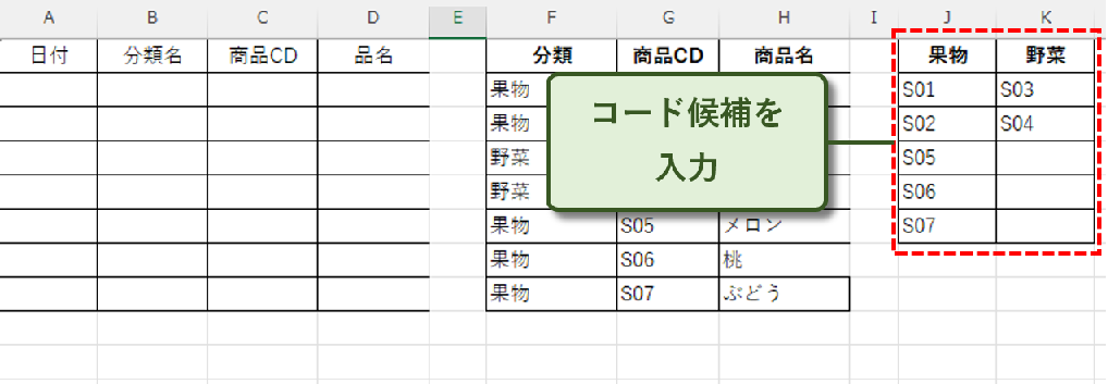 ExcelのJ列に果物5件、K列に野菜2件の商品コード候補を入力した画面