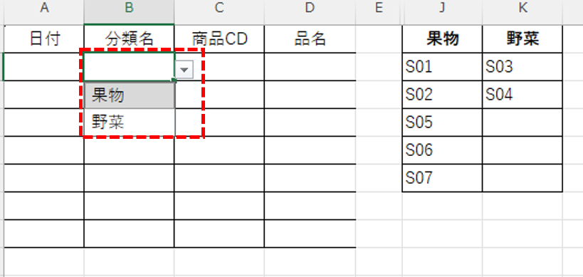 ExcelのB2セルのプルダウンに分類名の「果物」と「野菜」が表示されている画面